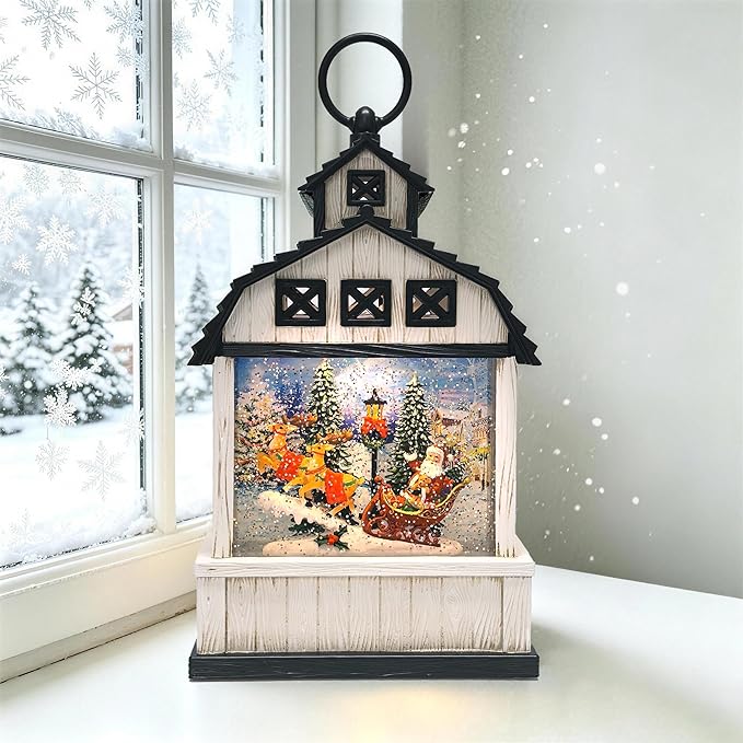 11-Inch Lighted Barn Lantern Swirling Water Glitter Globe with Santa Sleigh Scene, Battery Operated, 8H Timer, Holiday Sparkling Gift and Indoor Christmas Home Décor (Barn)