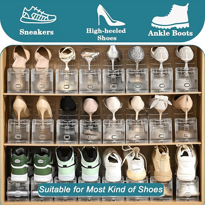 12 Pack Shoe Slots Organizer, Durable Stackable Shoe Holder for Closet Organization, Clear Double Layer Shoe Space Saver, Adjustable Shoe Stacker for Slippers, Loafers, Heels & Sneakers