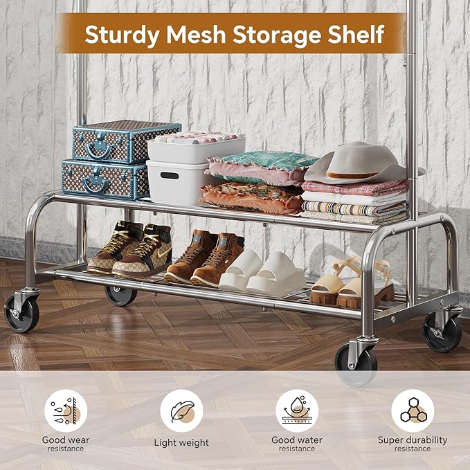 Simple Trending Heavy Duty Clothes Clothing Rack for Hanging, Rolling Garment Rack with Shelves