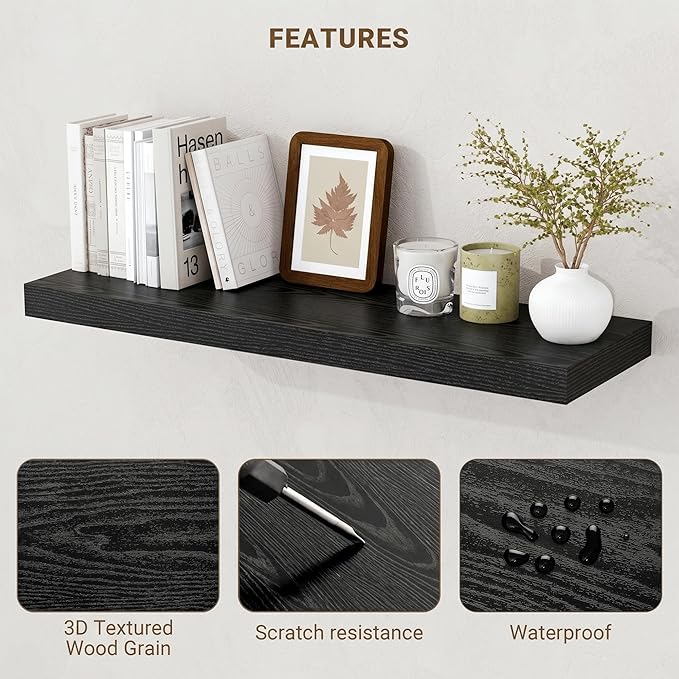Acovy 16 Inch Floating Shelves, 16"x9.25"x1.5" Inch Deep Floating Shelves for Wall, Wooden Shelves for Bathroom, Bedroom, Living Room, Black