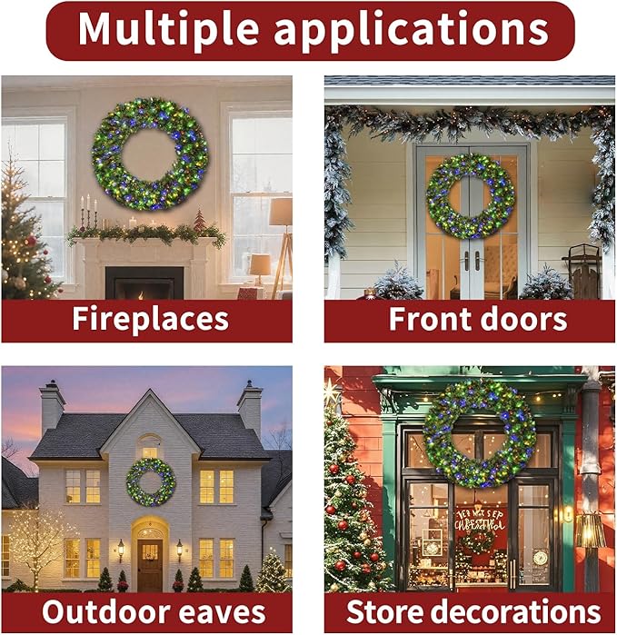 48in Large Prelit Christmas Wreath Outdoor with Lights, Artificial Lighted Christmas Wreaths with 210 Colorful LEDs, Metal Hook, Plug-in, 11 Functions for Home Holiday Decor