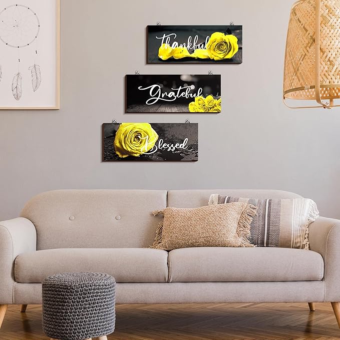 Hillban 3 Pieces Rose Wooden Wall Decor Rose Bathroom Decor Thankful Grateful Blessed Accessories Inspirational Wall Art Signs for Living Room Kitchen Wedding(10 x 4 Inch,Yellow)