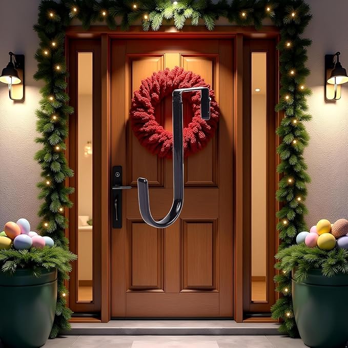 Black Wreath Hanger - Strong Bearing Fall Wreath Christmas Halloween Decorations Carbon Steel Wreath Door Hook 5" Height Wreath Hangers, Front Door Metal Over The Door Single Hook, Home Décor