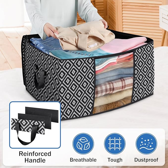 Direct 100L, 2 Pack, Storage Containers, Large Clothes Storage Bins Foldable Organization and Storage Bags with Reinforced Handle, Clear Window for Bedding, Blankets, Clothing, Black