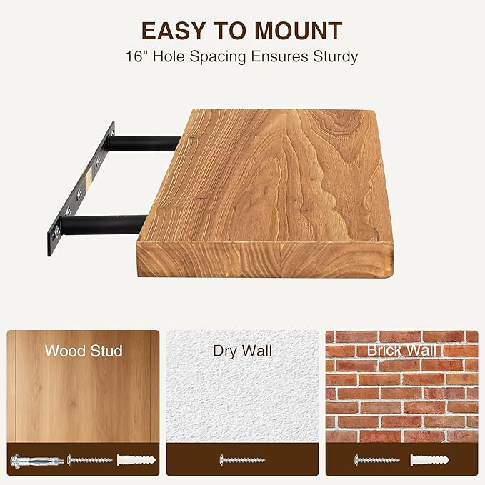 Dreamland Solid Elm Wood Floating Shelves, 18" W x 8" D Floating Shelf Wall Mounted, 8 Inch Deep Wall Shelves - Wooden Bathroom Shelf, Deep Bookshelf for Living Room, Kitchen Wall Shelf, Set of 2
