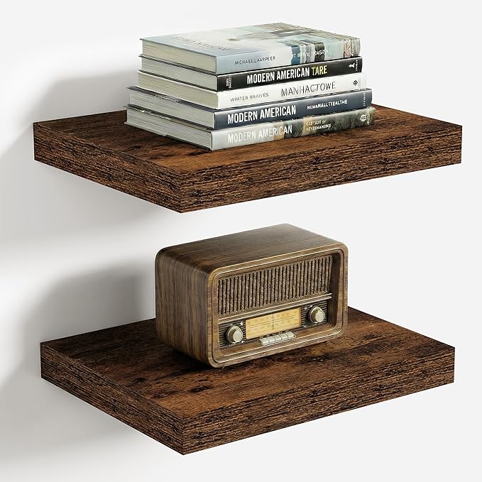 Vivelove 10 Inch Deep Floating Shelves 10 inch Long, 10 x 10 Wide Wall Shelves with Invisible Brackets, for Bedroom Bathroom Living Room Kitchen Office, Farmhouse Home Decor, Set of 2, Rustic Brown