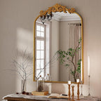 VooBang Vintage Arched Bathroom Mirror, 24x36 Inch Retro Wall Mounted Vanity Mirror with Carved Pattern Top and Metal Frame, Gold Decorative Mirror for Hanging or Leaning