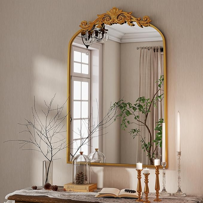 VooBang Vintage Arched Bathroom Mirror, 24x36 Inch Retro Wall Mounted Vanity Mirror with Carved Pattern Top and Metal Frame, Gold Decorative Mirror for Hanging or Leaning