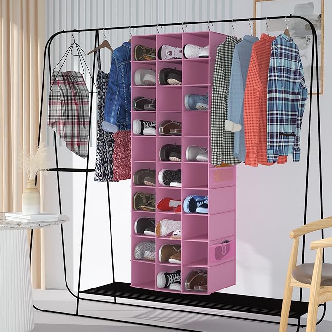 coastal rose Hanging Shoe Organizer for Closet, 30 Sections Hanging Closet Organizers and Storage Shelves Space Saving Shoe Racks Holder Pink,17" W×11.5" Dx 48" H