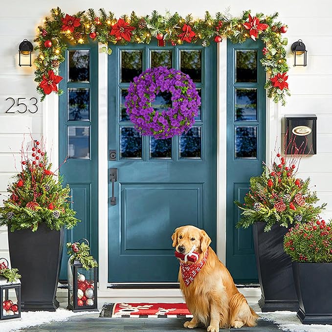 20 Inch Spring Summer Floral Wreath, Violet Artificial Silk Flowers with Green Eucalyptus Leaves, Farmhouse Faux Greenery Wreath for Front Door Outdoor Wall Wedding Home Decor