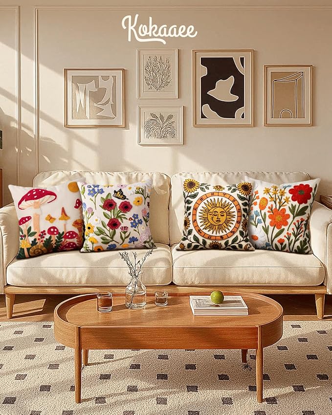 Embroidered Throw Pillow Cover 18x18 Inch - Spring Summer Boho Decorative Pillow Cover with Zipper for Living Room Couch Sofa Bed Aesthetic Design Flower Bird Cushion Pillowcase