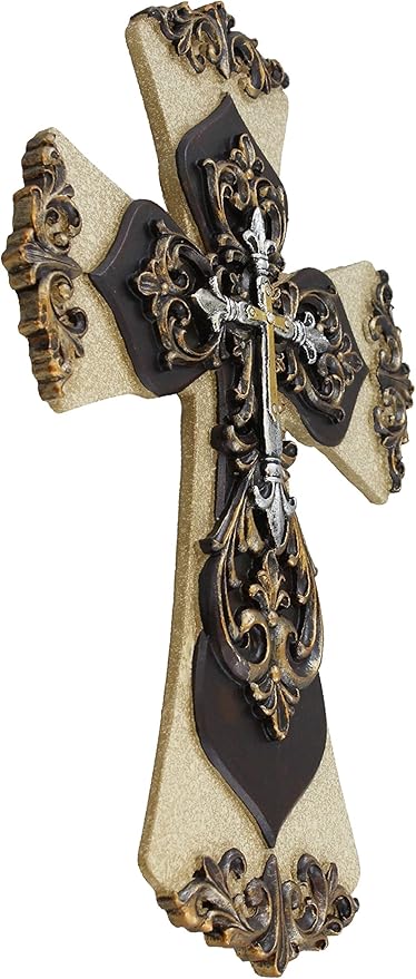 Old River Decorative Layered Tuscan Wall Cross Scrolly Fleur De Lis
