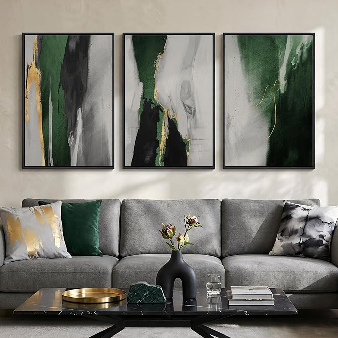 Large Framed Green Abstract Wall Art for Living Room, 3 Piece Modern Canvas Prints Paintings Artwork for Walls, Green Black Gold Abstract Pictures for Hallway Dining Bedroom Office Wall Decor 24x36 In