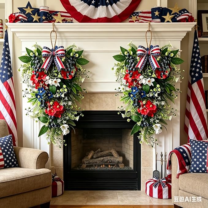 2 Pack 21'' Patriotic Teardrop Swag Wreaths Artificial 4th of July Hanging Swag for Cabinets Red White Blue Floral Navy Blue Berries for Independence Day Memorial Day Front Door Porch Window Wall