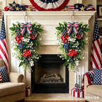 2 Pack 21'' Patriotic Teardrop Swag Wreaths Artificial 4th of July Hanging Swag for Cabinets Red White Blue Floral Navy Blue Berries for Independence Day Memorial Day Front Door Porch Window Wall