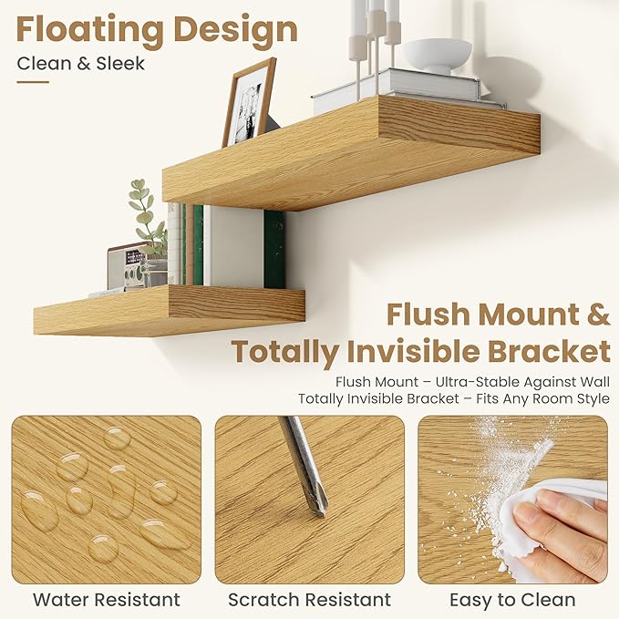 FLYJOE 24 Inch Long Floating Shelves for Wall Set of 1, 12" D Wood Grain Bathroom Shelves with Invisible Brackets, Easy Install Engineered Wood Storage Shelves for Kitchen, Living Room, Bedroom