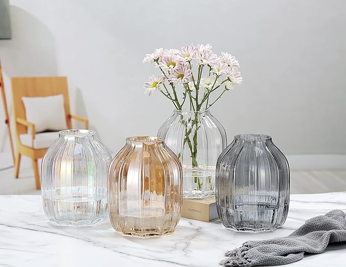 Large Clear Glass Ribbed Vase - 8.0" Decorative Tall Vase for Home Table Centerpieces and Farmhouse