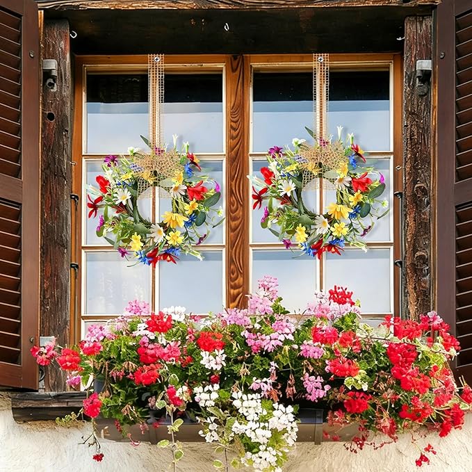 6 PCS Small Spring Floral Kitchen Cabinet Wreath Mini Artificial Sunflowers Daisy Wreath for Front Door with Burlap Ribbon Wide Flower Hanging Farmhouse Wreaths for Porch Wall Window Decor