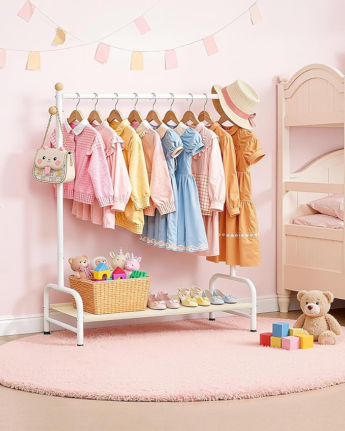 Clothes Rack - Sturdy Metal Kids Clothing Rack with Bottom Storage Shelf & Adjustable Feet, Dress Up Storage for Toddler's Bedrooms, Nurseries, Playrooms, 31" x 12.5" x 47.8", White