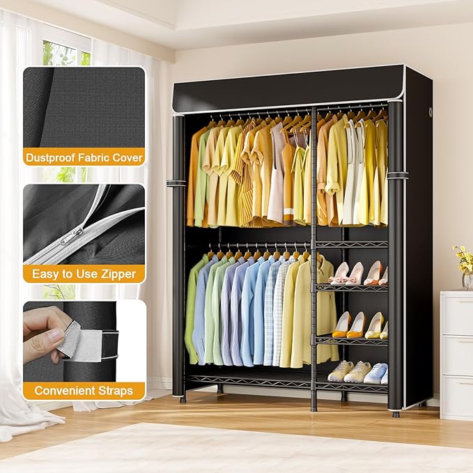 F2C Clothes Rack with Cover, Clothing Racks for Hanging Clothes, Heavy Duty Garment Rack with Shelves and Hanger Rods, Black Closet with Black Cover, 47.2" W x 16.5" D x 78.3" H, Load 630lbs