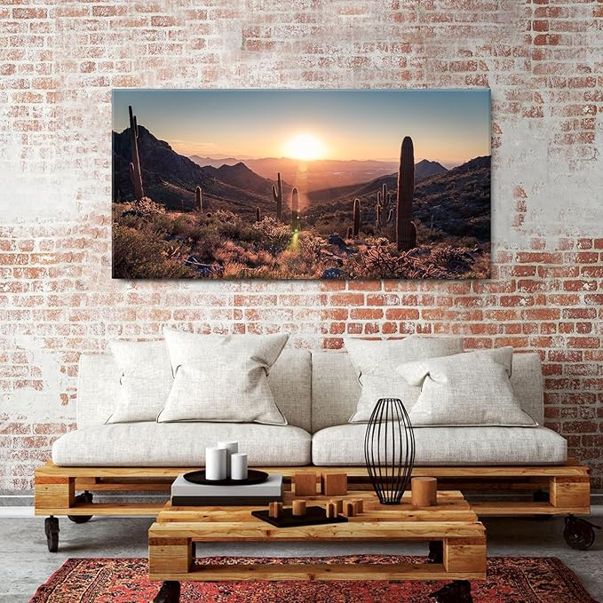 Mountain Wall Art Sunset Cactus Wall Decor Arizona Sonoran Desert Canvas Pictures Saguaro Landscape Photography Prints Western Nature Artwork Living Room Bedroom Office Home Decoration 29.53x 57.87"
