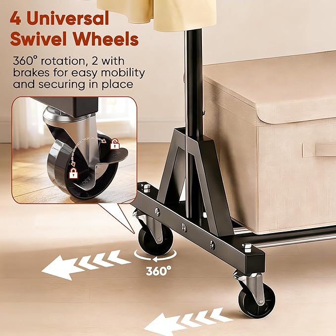 Rolling Garment Rack - Retractable Clothes Rack with Hanging Rods, Lockable Wheels and Bottom Storage Shelf - Sturdy Coat Rack, Freestanding Clothing Organizer for Bedroom, Laundry & Closet