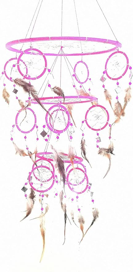 Pink Dream Catcher Traditional Dreamcatcher with Pink Feathers and Mosaic Glass, Hand Crafted 3D Design Triple Tier - X Large - 30" L X 10" Diameter
