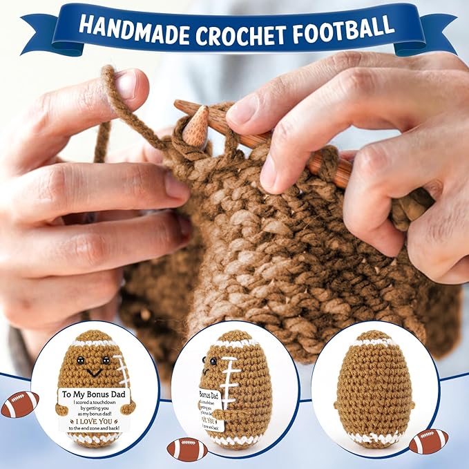 Bonus Dad Gifts from Son Daughter Wife, Positive Handmade Crochet Step Dad Father's Day Birthday Gifts, Funny Cute Small Gift for Dads, I Love You Papa Gift Idea, Unique Football Doll for Bonus-Dads