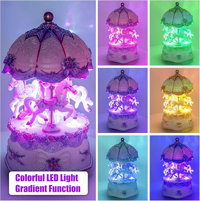 Carousel Music Box，Luxury Color Change LED Light Music Box,Luminous Rotating 3-Horse Musical Box with Gift Box for Girls Birthday Valentine Gift (Castle in The Sky, Purple)