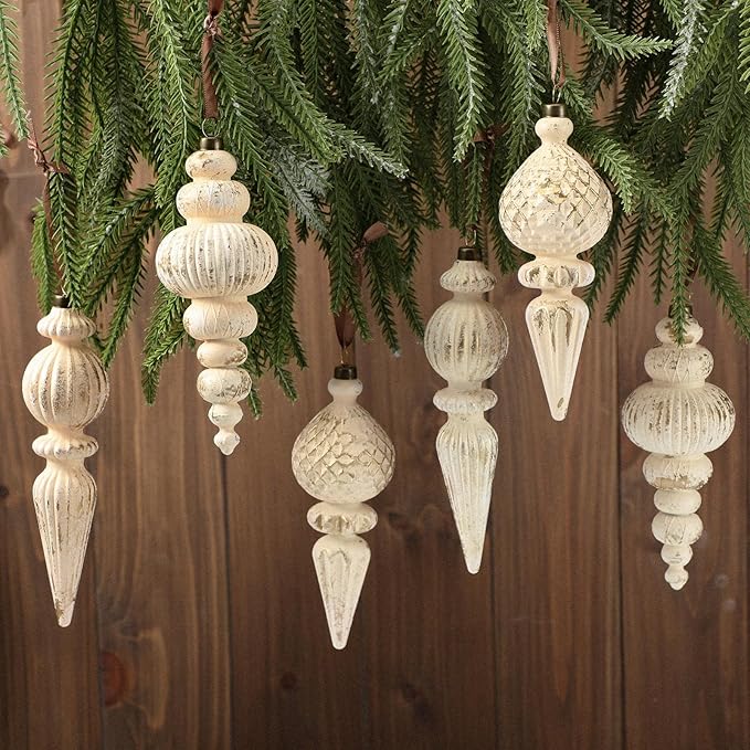 Yunlly 18 Pcs Neutral Christmas Ornaments Textured Christmas Tree Decor with Hanging Loop Modern Brown Hanging Ornaments Finial Shatterproof Decor for Xmas Vintage Rustic Farmhouse (Retro White)
