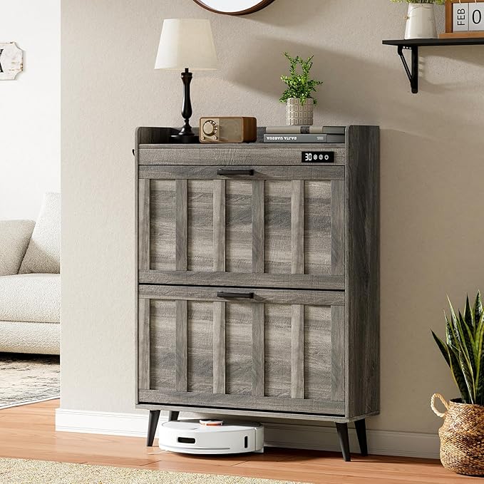 ChooChoo Shoe Storage Cabinet with 2 Flip Drawers, Deodorizing Shoe Organizer Storage for Entryway, Freestanding Hidden Slim Narrow Shoe Rack Cabinet, Grey