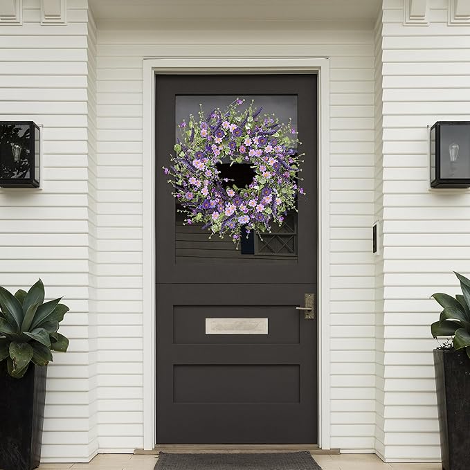 Sggvecsy Purple Daisy Wreath 24 Inch Spring Summer Wreath with Fake Silk Floral Green Eucalyptus Leaves and Lavender for Front Door Window Wall Wedding Farmhouse Festival Decor