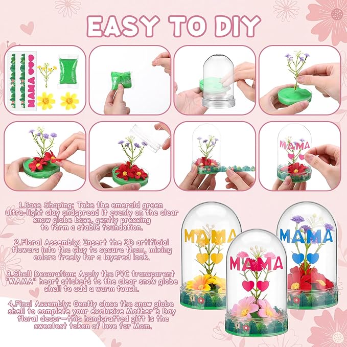 Newtay 12 Sets Mother's Day Flower Snow Globe Craft Kits with Artificial Flower Stickers Clay DIY Plastic Globe Kit Art Activity Project for Home Spring Party Supplies