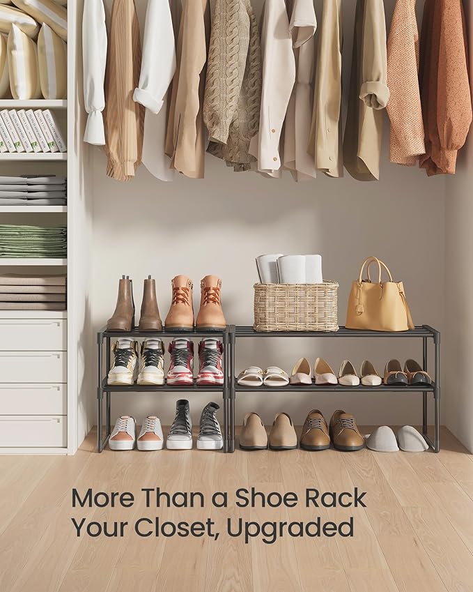 SONGMICS Shoe Rack, 2-Tier Shoe Organizer, Metal Storage Shelf, Upright or Upside Down, for 6-9 Pairs, Stackable, for Entryway, 11.8 x 26.8 x 14.6 Inches, Black ULSA202B01