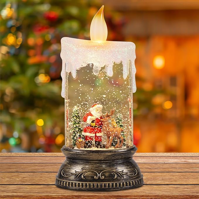 Wondise Rechargeable Musical Snow Globe Lantern with 6H Timer, Battery Operated USB Powered Lighted Snow Globe Lamp Spinning Water Swirling Glitters Holiday Decor Santa Deer