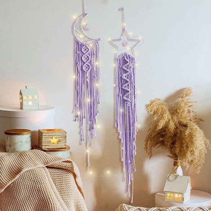 Moon Star Dream Catcher Decor,2pcs Boho Home Moon Star Dreamcatcher,Macrame Wall Hanging Boho Home Decor for Kids Baby Bedroom Decoration for Women Girls Craft Holiday Gifts Purple