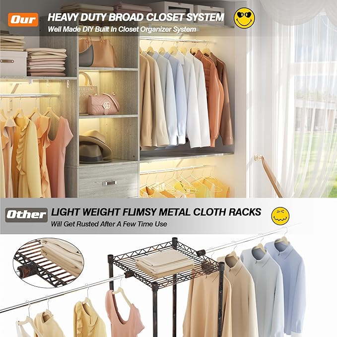 8FT Closet System, 96'' Closet Organizer System with 3 Hanging Rods, Wall Mount Bedroom Wardrobe with 3 Drawers Walk-in Closet, Adjustable Garment Rack from 5 to 8FT(Cut to Fit), White Oak