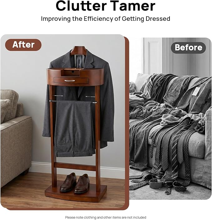 Clothes Valet Stand Holder for Men Suit Coat Rack Hanger Stand, Clothes Butler Valet Stand for Men, Wood Clothing Stands with Top Tray & Storage Organizer, Clothing Trousers Bar Rack