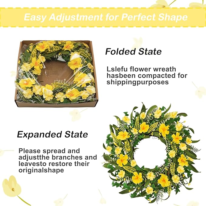 22 Inch Spring Summer Wreaths for Front Door, Artificial Flowers Wreath with Yellow Floral Green Leaves Berries and Grain Spikes, Farmhouse Wreath for Front Porch Wall Indoor Outdoor Home Decor