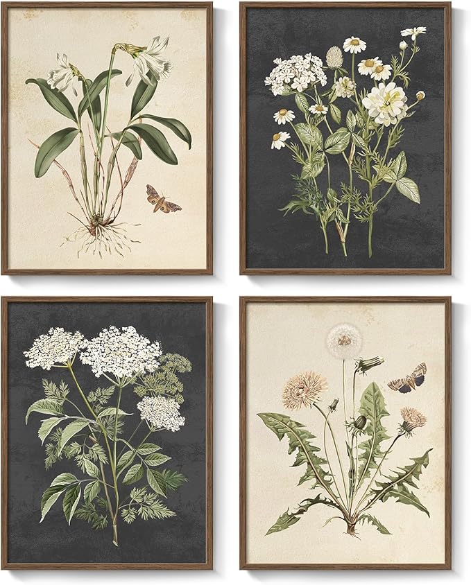 Framed Vintage Botanical Wall Art Bedroom, 4 Piece Rustic Farmhouse Floral Canvas Prints Artwork, Neutral Flower Butterfly Pictures for Modern Farmhouse Living Room Kitchen Bathroom Wall Decor, 11x14