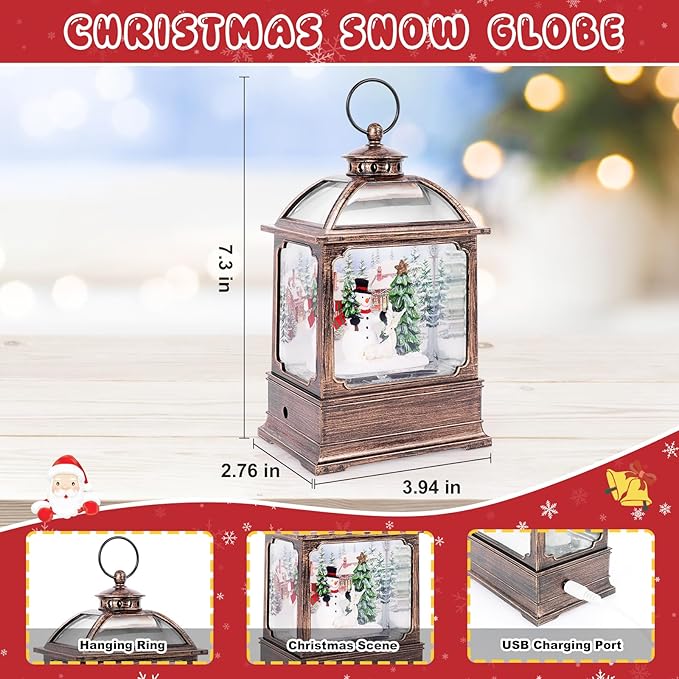 Christmas Snow Globe Lantern with Snowman 8 Music Songs & 6H Timer Water Snow Globe Lantern USB & Battery Operated for Christmas Festival Decorations Gifts (Snowman)