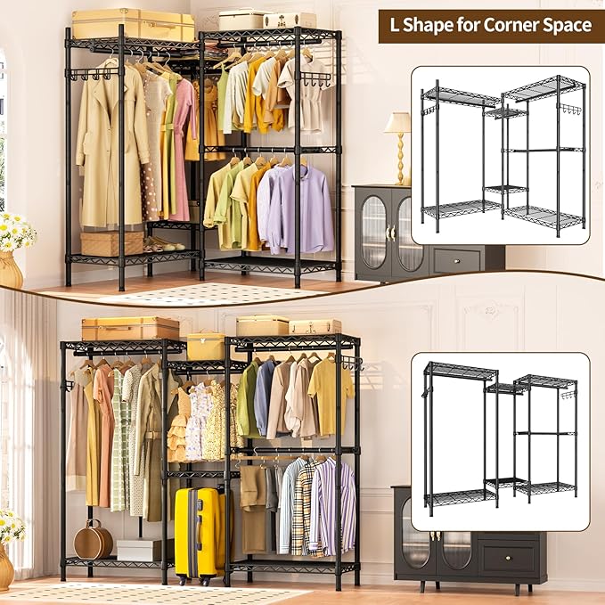 Heavy Duty Garment Rack Clothes Rack,Large Metal Closet Organizer System Storage Wardrobe,Freestanding Clothing Rack Black 15.75" D x 77.5" W x 77" H