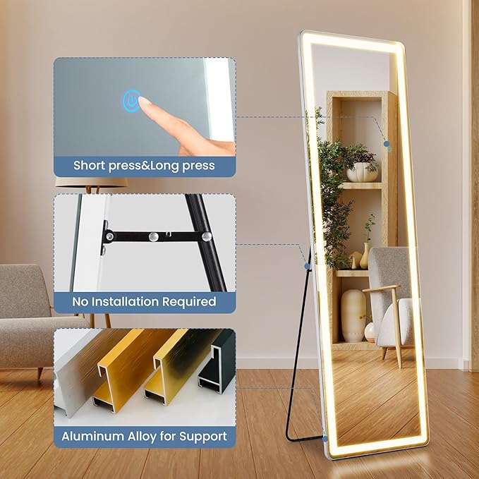 DUMOS LED Mirror Full Length with Stand, 16"x60" Full Body Wall Mirror with LED Lights 3 Color Lighting, Hanging or Leaning, Floor Standing, Modern Simple Home Wall Decor