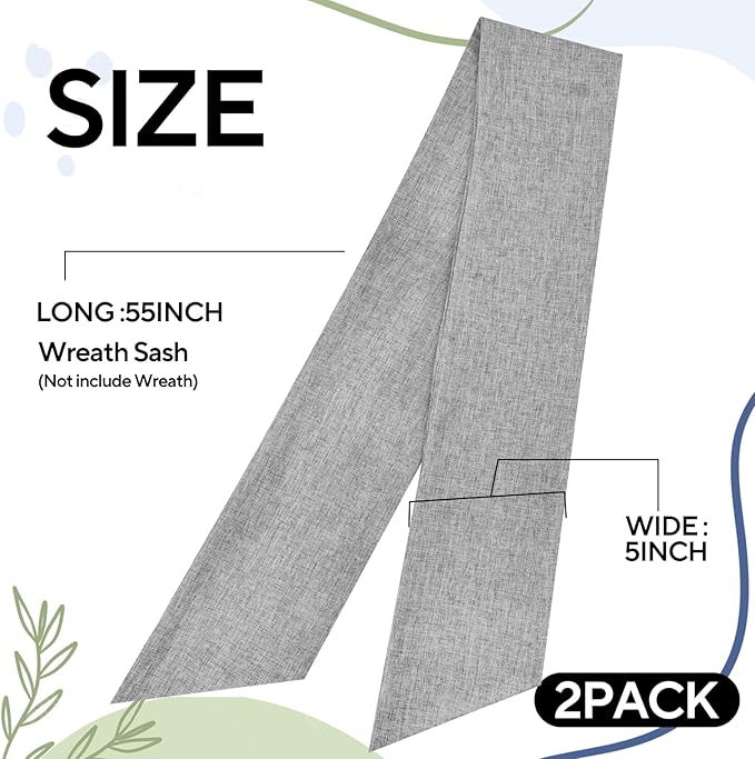 2 Pcs Grey Wreath Sash for Front Door Linen Wreath Ribbon Bow for Yard Porch Garland Home Decor