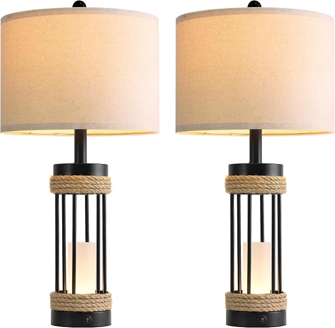 OYEARS 25" Table Lamps Set of 2 with Night Light, Rustic Bedside Lamps with USB C+A Charging Ports, Black Metal Lamp with Rope Accent and Frosted Glass, Farmhouse Lamps for Living Room Bedroom