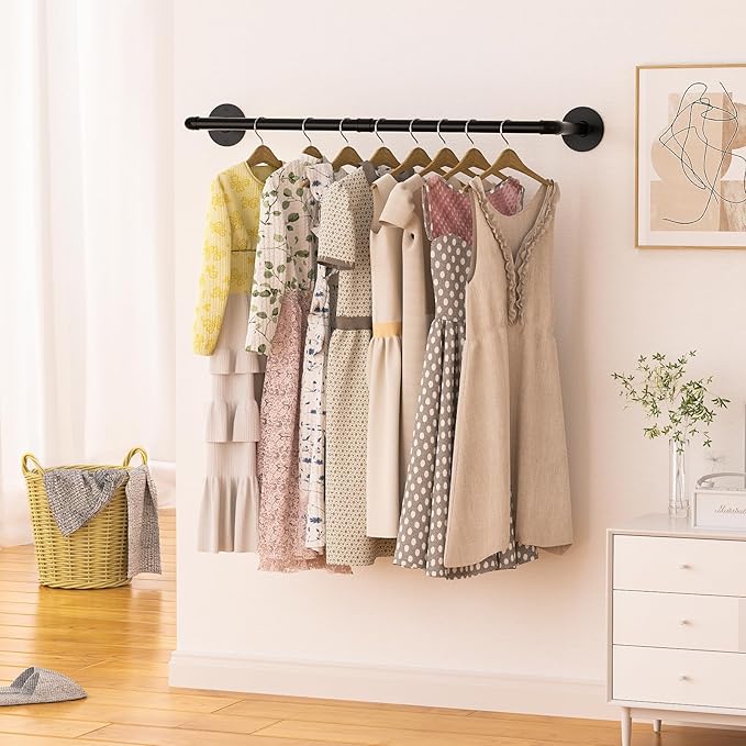 ERYTLLY RYTLLY Industrial Pipe Clothes Rack 38”,Multi-purpose Wall Mounted Iron Garment Rod,Heavy Duty Detachable Hanging Clothes Rack for Closet Rod,Black