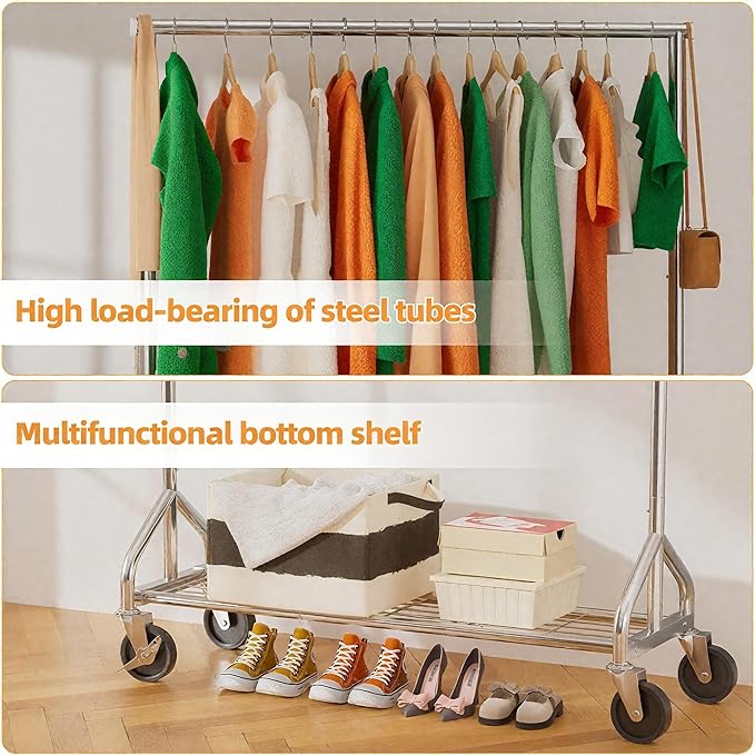 Heavy Duty Rolling Clothes Rack with Wheels and Shelves, 450 lbs Capacity, Portable Garment Rack for Hanging Clothes, Standing Wardrobe for Closet, Bedroom, Commercial Use, Chrome