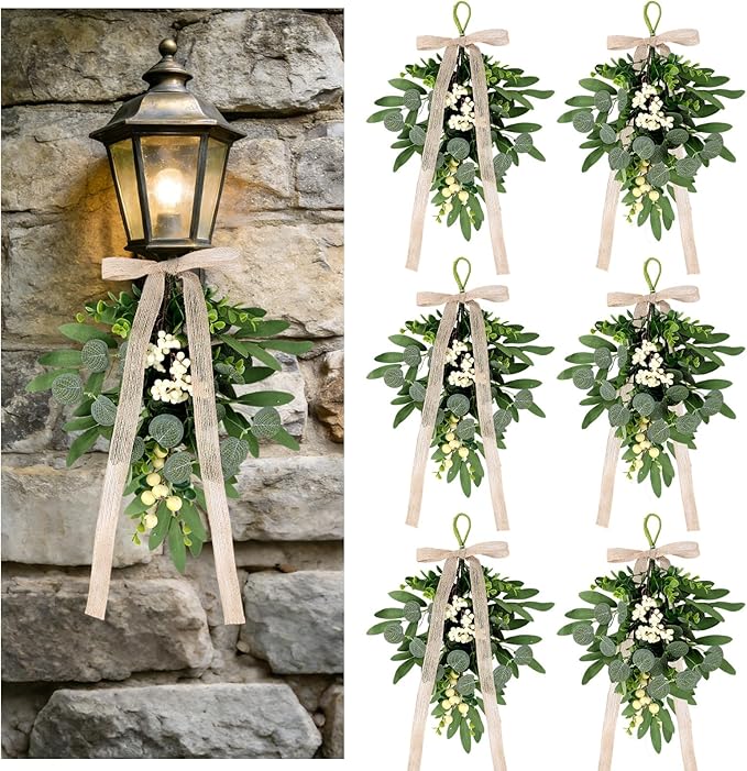 6 PCS Artificial Spring Summer Green Eucalyptus Teardrop Swag with Ribbon Bow 16" Vintage Mini Green Light Swag with White Berry Festive Sconce Lighting Decor for Farmhouse Porch Door Wedding Decor