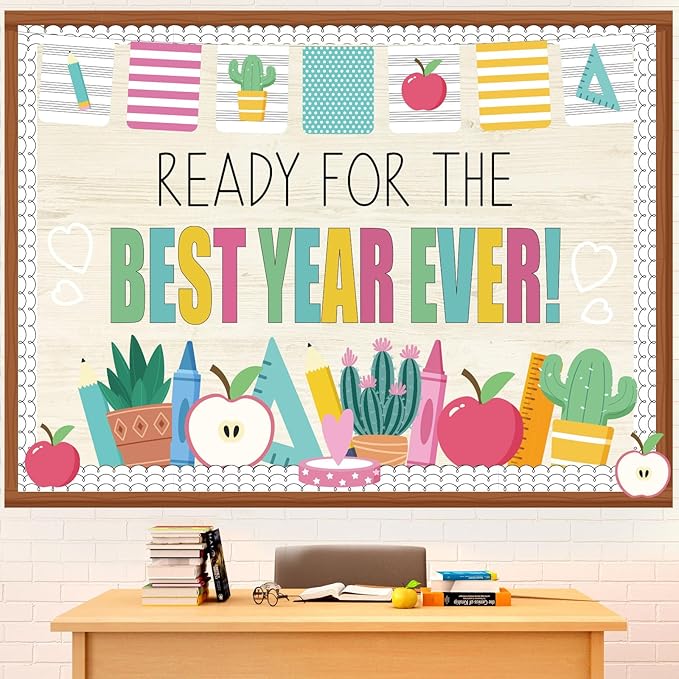 Pajean Ready for the Best Year Ever Bulletin Board Modern Back to School Classroom Decorations Apple Potted Ruler Pencil Paper Cutouts for Door Wall Chalkboard Decor First Day of School Supplies