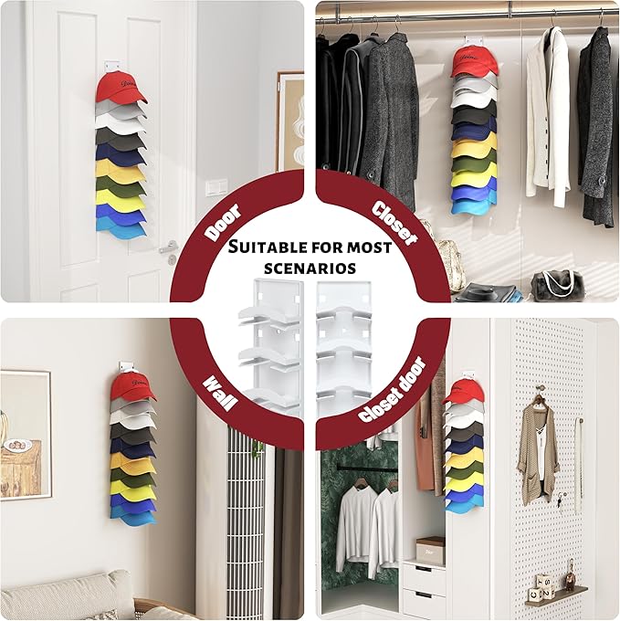 Hat Organizer Hold up to 10 Hats, Hat Rack for Wall with Strong Adhesive, Hat Organizer for Baseball Caps Display for Door Closet, Hat Hanger Holder Storage Multilayer Two Mounting Option(White)